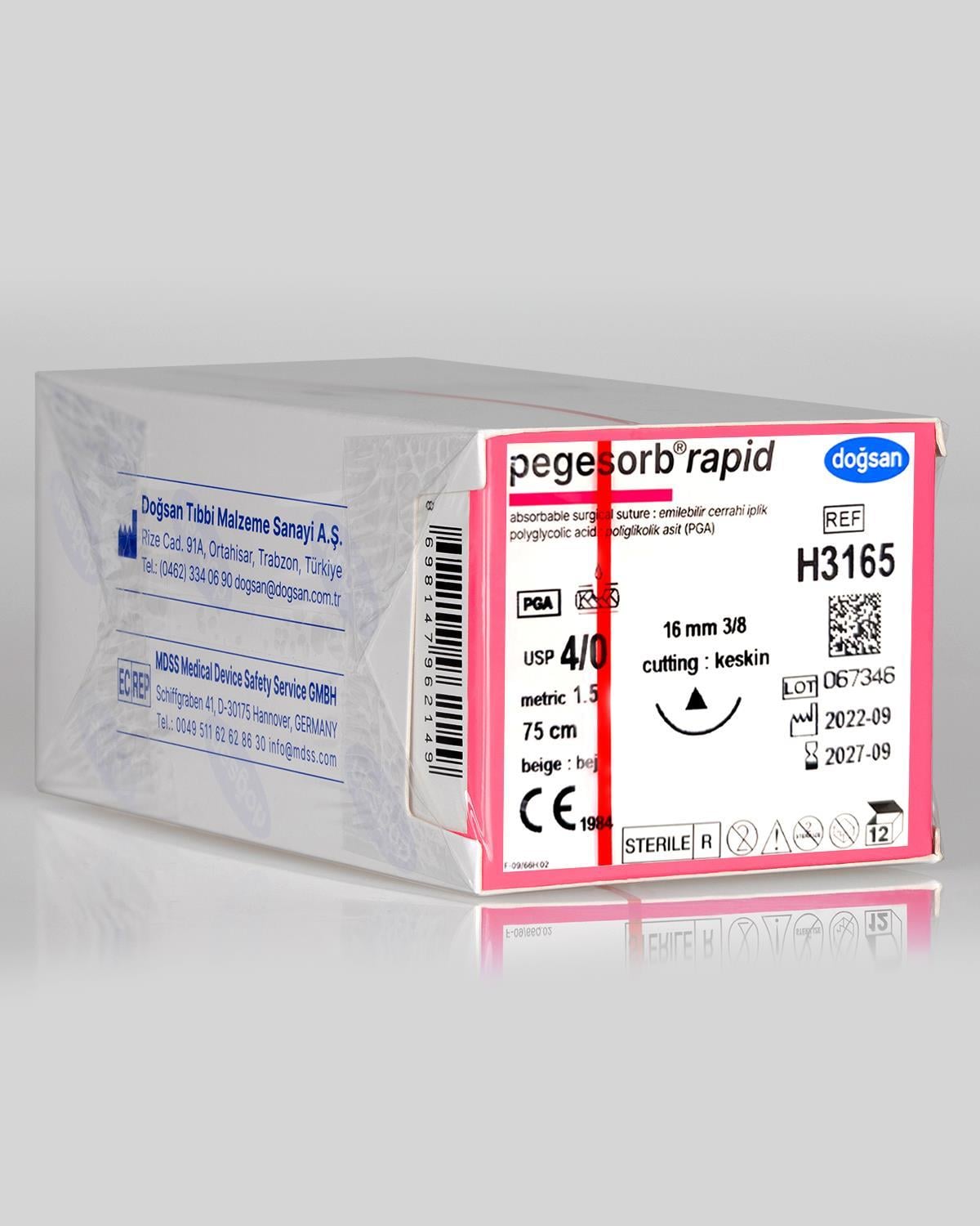 Doğsan Pegesorb Rapid 4/0 16 3/8 Keskin (Δ) 75cm PGLA Emilebilir Sütür 12 Ad./Pkt