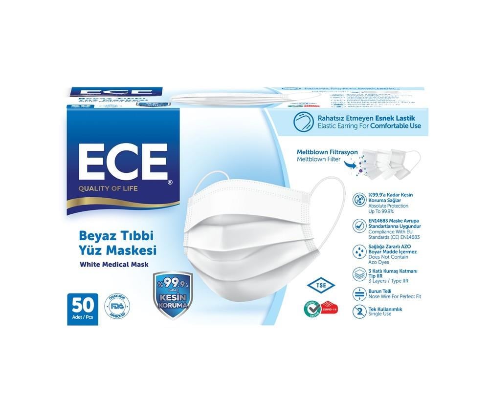 Ece Yumuşak Elastik Kulaklıklı Beyaz Tıbbi Yüz Maskesi 50'li Paket