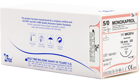 Boz Tıbbi Malzeme Monokaprol Emilebilir Cerrahi Sütür Dikiş İpi - 5/0 19mm 3/8 Aşağı Keskin 75 cm Violet