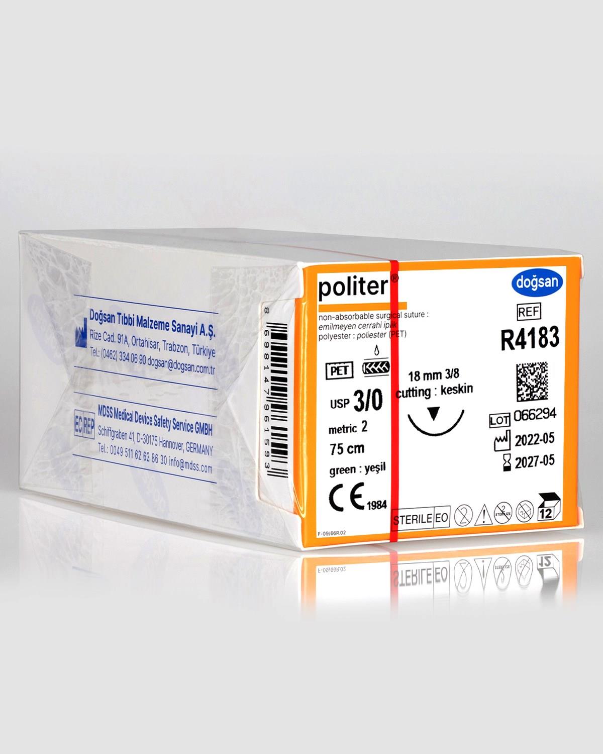 Doğsan Politer 3/0 18 3/8 Keskin 75cm Polyester Emilemeyen Cerrahi Sütür (12 Adet/Pkt)