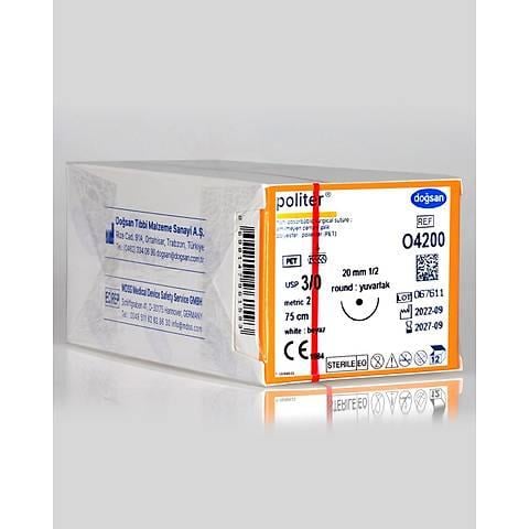 Doğsan Politer 3/0 20 1/2 Yuvarlak (●) 75cm Polyester Emilemeyen Sütür 12'li Paket