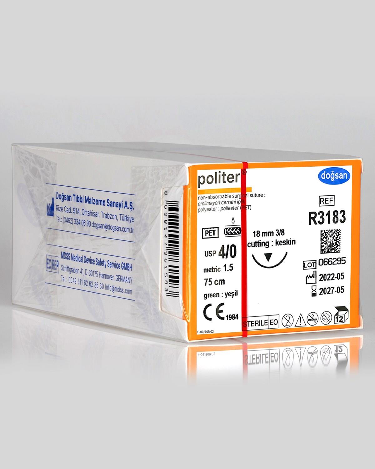 Doğsan Politer 4/0 18 3/8 Keskin (▼) 75cm Polyester Emilemeyen Sütür Dikiş İpi - 12 Adet/Paket