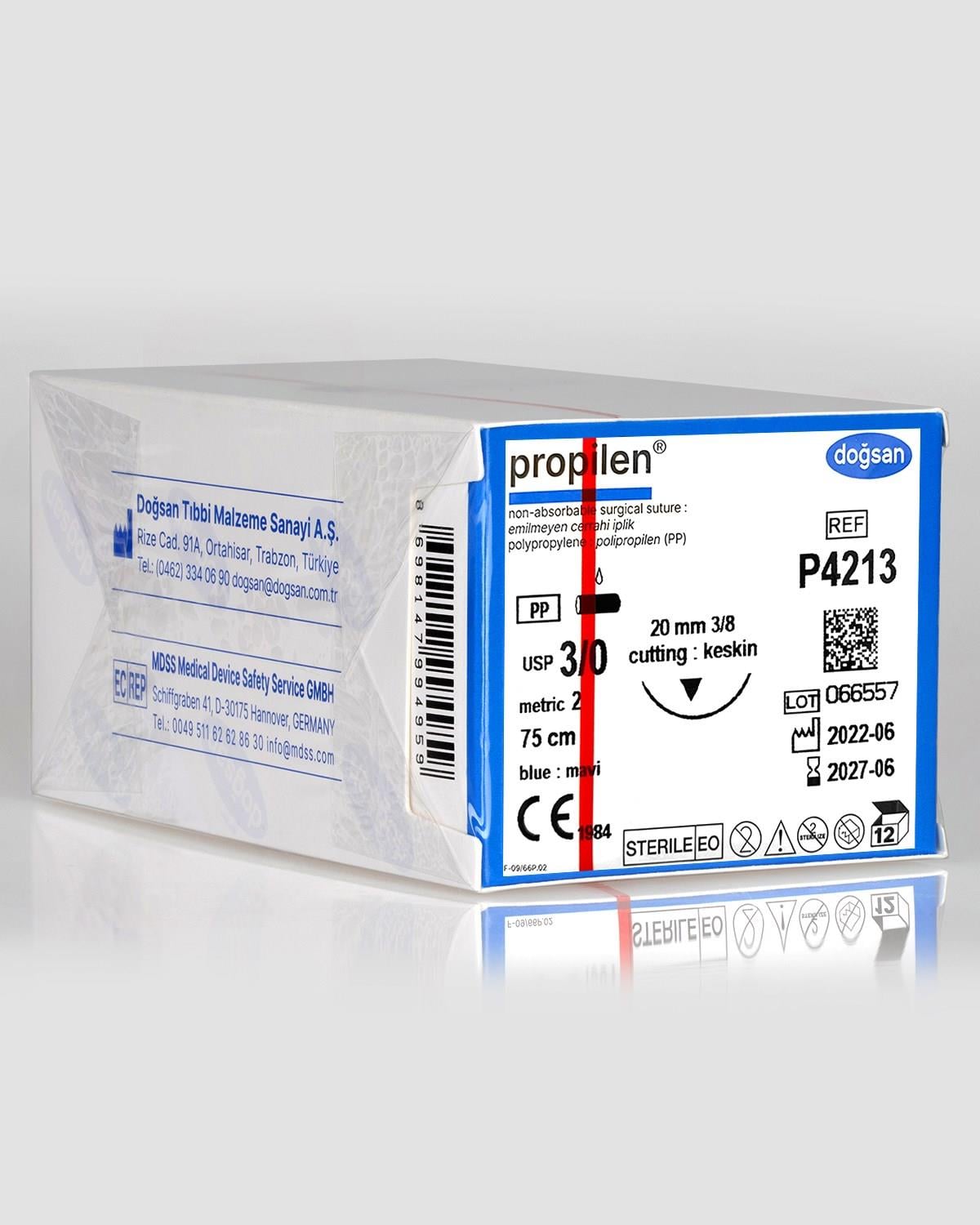 Doğsan Propilen 3/0 20 3/8 Keskin 75cm Polipropilen Emilemeyen Sütür (12 Ad./Pkt)